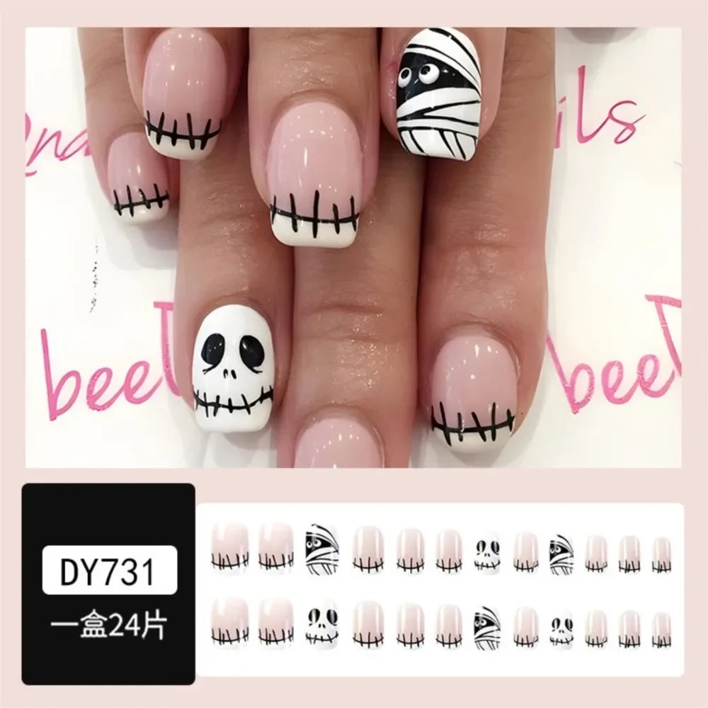 24Pcs Halloween Black Ghost Long Ballet False Nails Wearable French Ballerina Fake Nails Press On Full Cover Manicure Nail Tips