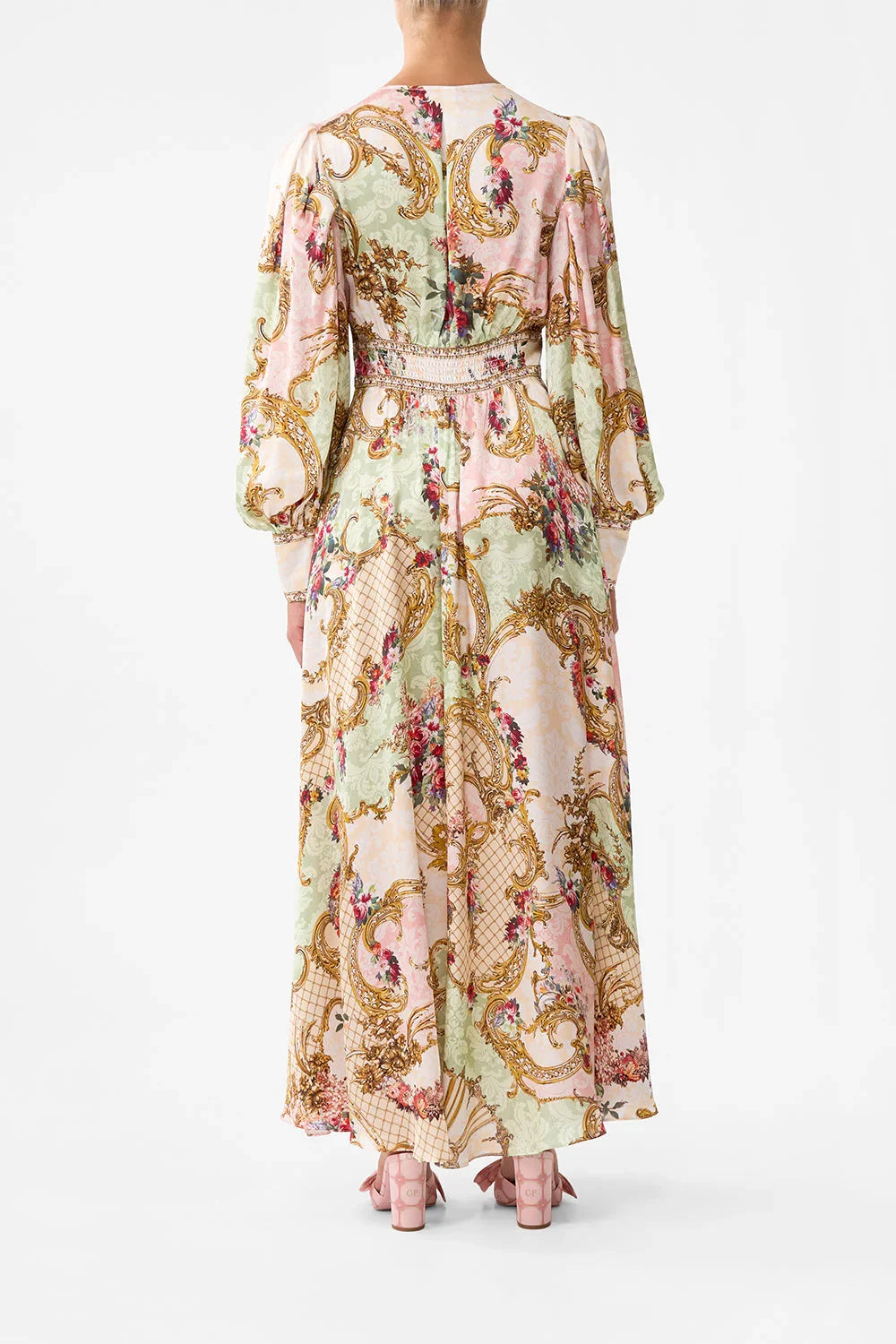 Women 100% Silk Lace Patchwork Crystal Beaded Waist Digital Retro Print V-Neck Long Sleeve Maxi Dress