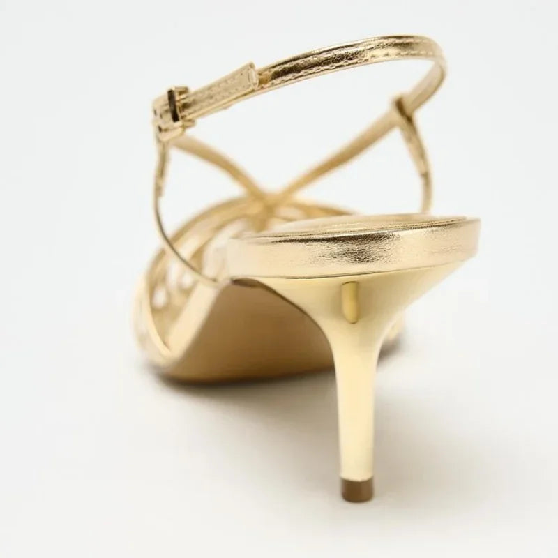 Manufacturer   Luxury Gold Brand Heels Women Fashion Narrow Strap Hollow Thin High Heel Summer Sandals Sexy Pointed Toe Slingbacks Dress Shoes   Pumps