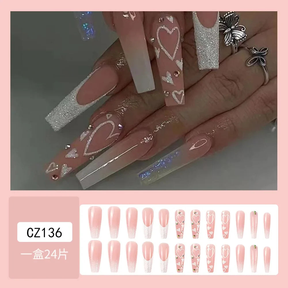 24Pcs Halloween Black Ghost Long Ballet False Nails Wearable French Ballerina Fake Nails Press On Full Cover Manicure Nail Tips