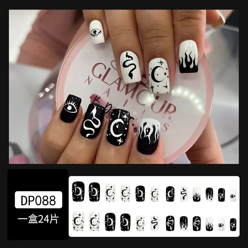 24Pcs Halloween Black Ghost Long Ballet False Nails Wearable French Ballerina Fake Nails Press On Full Cover Manicure Nail Tips