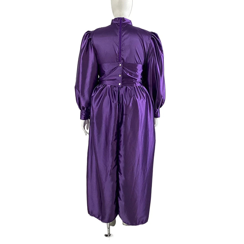 Plus Size Satin Evening Dress Elegant Drape High Neck Long Sleeve Dress Ladies Party Belted Long Gown Women A-Line Prom Dress