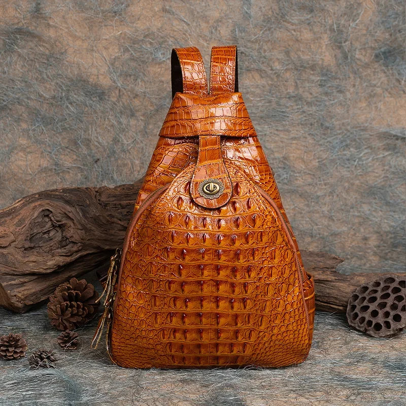 Vintage Pressed Flower Crocodile Pattern Handmade Leather Backpack Multi-Purpose Chinese Style Double Shoulder Bag For Live Broa