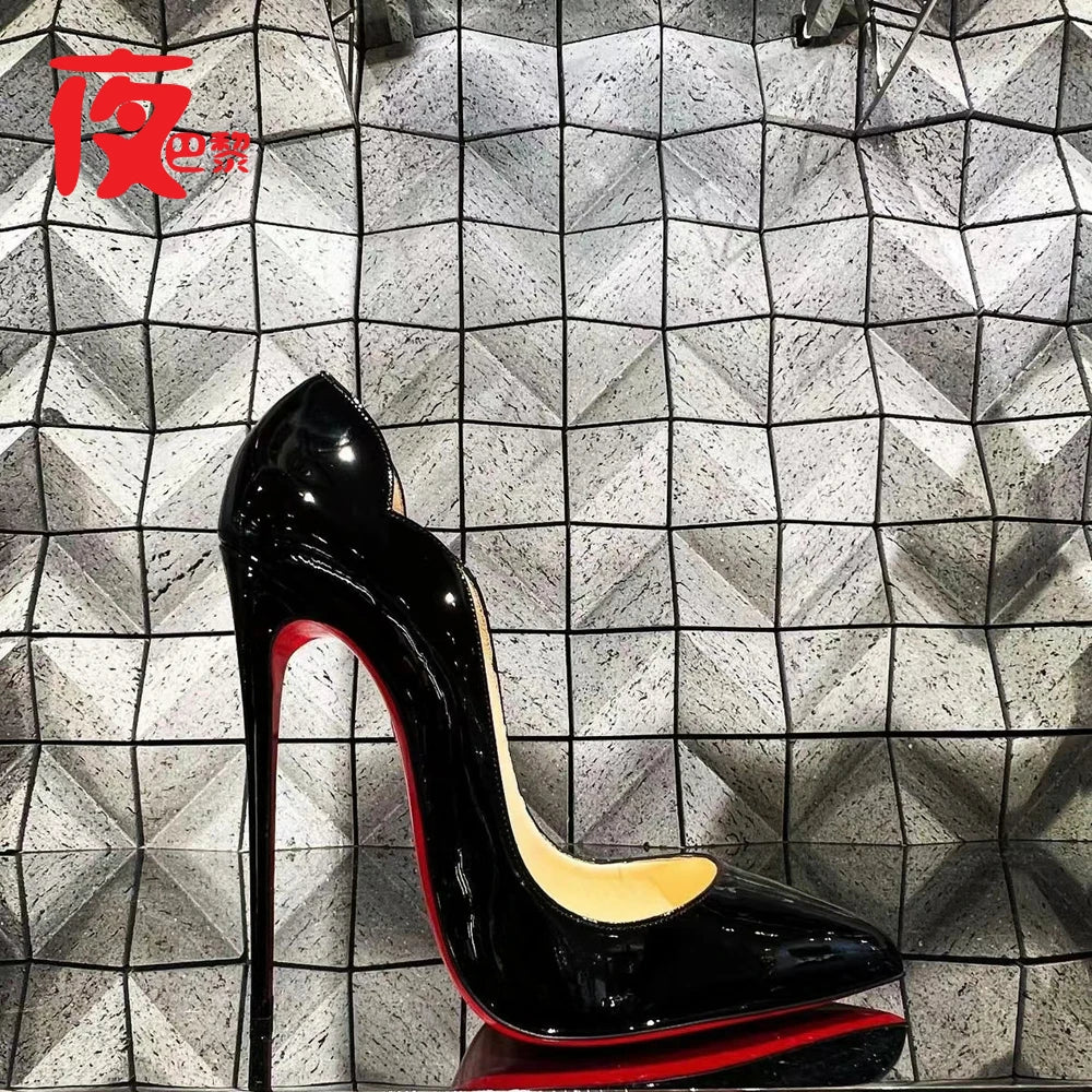 Manufacturer   Laser Electric Red High Heels Shallow Mouth Wave Edge Pointed Shoes Sexy 12cm Sexy French Fashion Lady Single Shoes33-46   Pumps