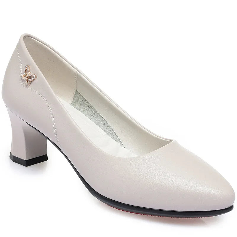 Manufacturer   High Heels Wedding Shoes Women  New Women Shoes Beige Genuine Leather Pointed Toe Professional Fashion Single Shoes Women   Pumps