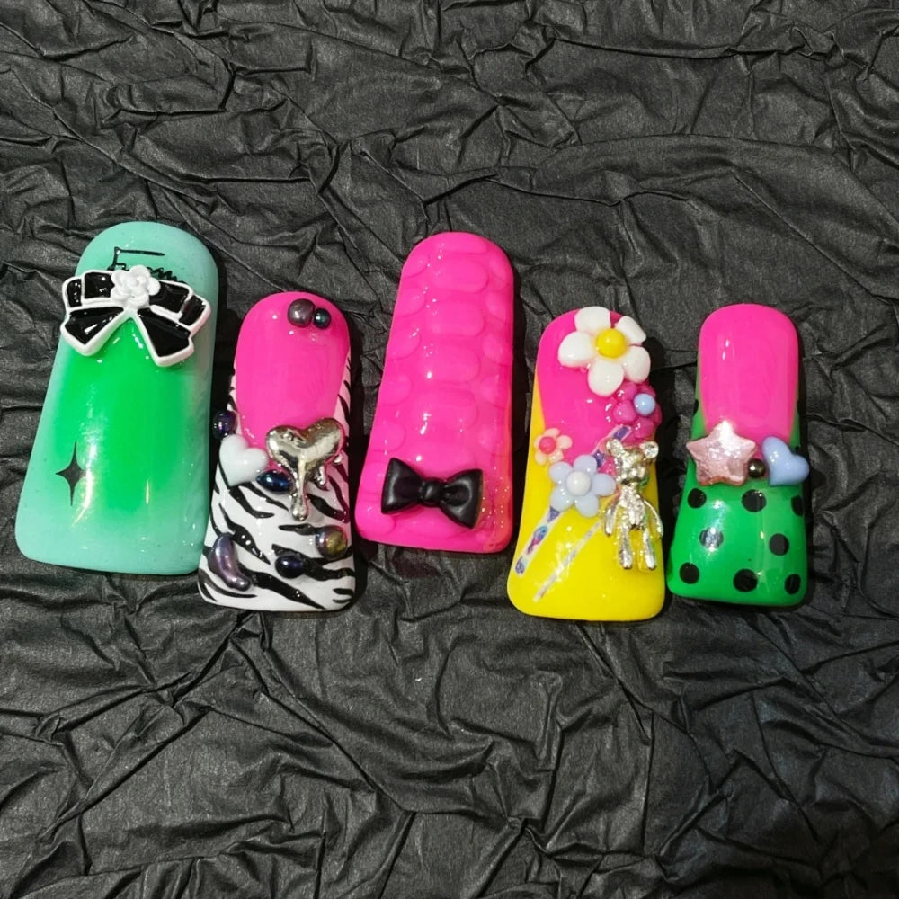 10 Pcs Handmade Manicure Medium Duck Fake Nails Cute French Nails Press On False Nails 3D Art Design with Adhesive Nail File Set