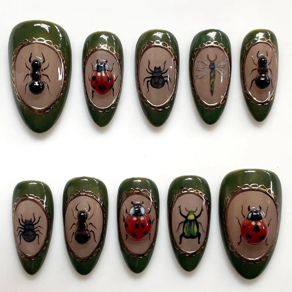 Press On Nails Cute Style Handmade Hot INS Y2K 3D French Green Medium Almond Fake Nails Reusable Full Coverage Art DIY Nails