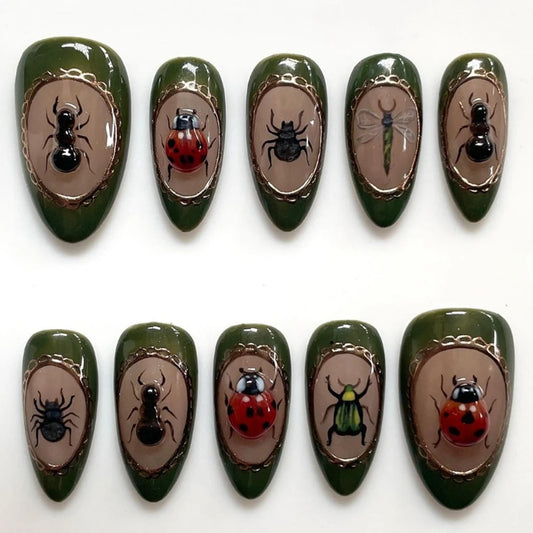Press On Nails Cute Style Handmade Hot INS Y2K 3D French Green Medium Almond Fake Nails Reusable Full Coverage Art DIY Nails