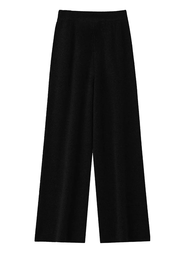 Women 100% Merino Wool Knitted Wide Leg Pant Autumn Winter Basic Soft Warm Cashmere Knit Trousers Casual Simple Fashion Style