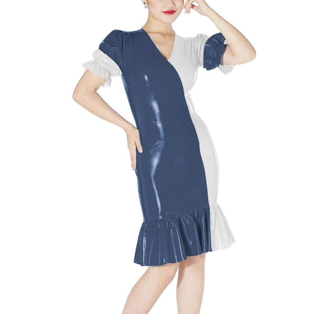 Plus Size Knee-length Patchwork Dress Glossy Faux Leather Party Bodycon Short Sleeve Dress Back Zipper Ruffles Hem Womens Dress