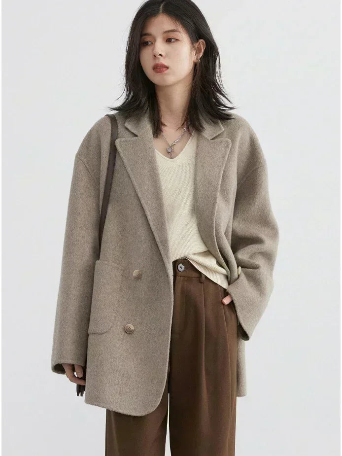 CHIC VEN Women's Woolen Coats Loose Casual Double Breasted Retro Double-sided Jacket Office Lady Outerwear Autumn Winter