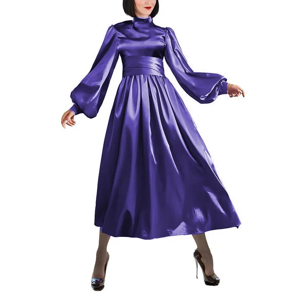 Plus Size Satin Evening Dress Elegant Drape High Neck Long Sleeve Dress Ladies Party Belted Long Gown Women A-Line Prom Dress