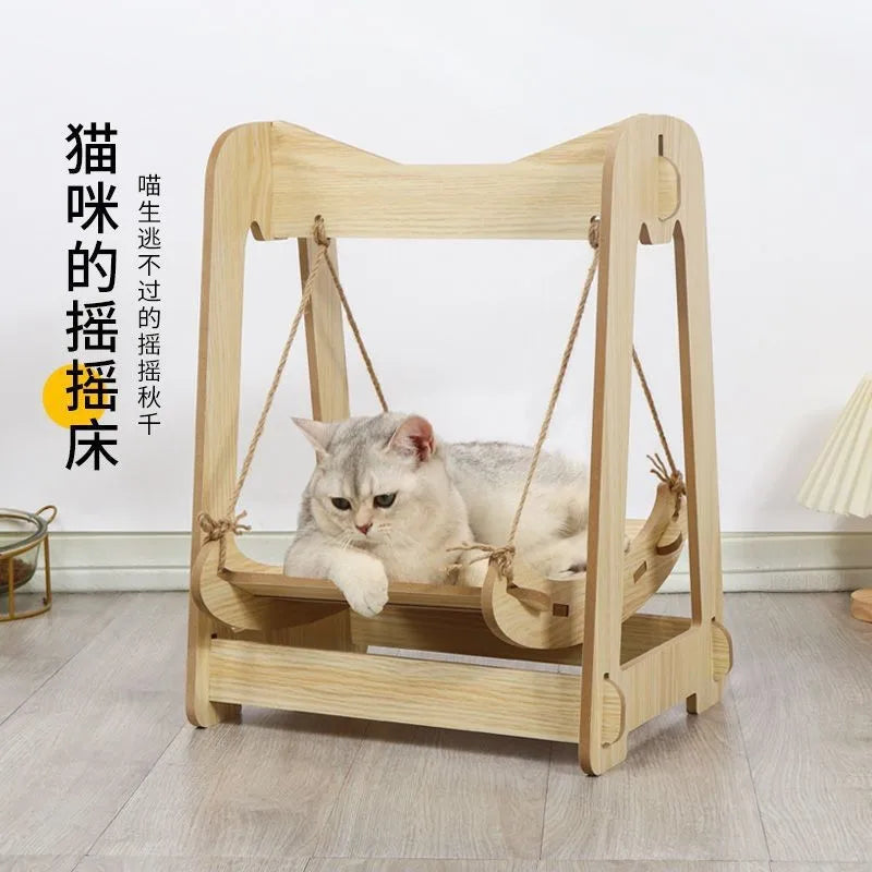 Wooden Cat Swing Bed Hanging Pet Hammock Anti-Tip Double Layer for Kittens