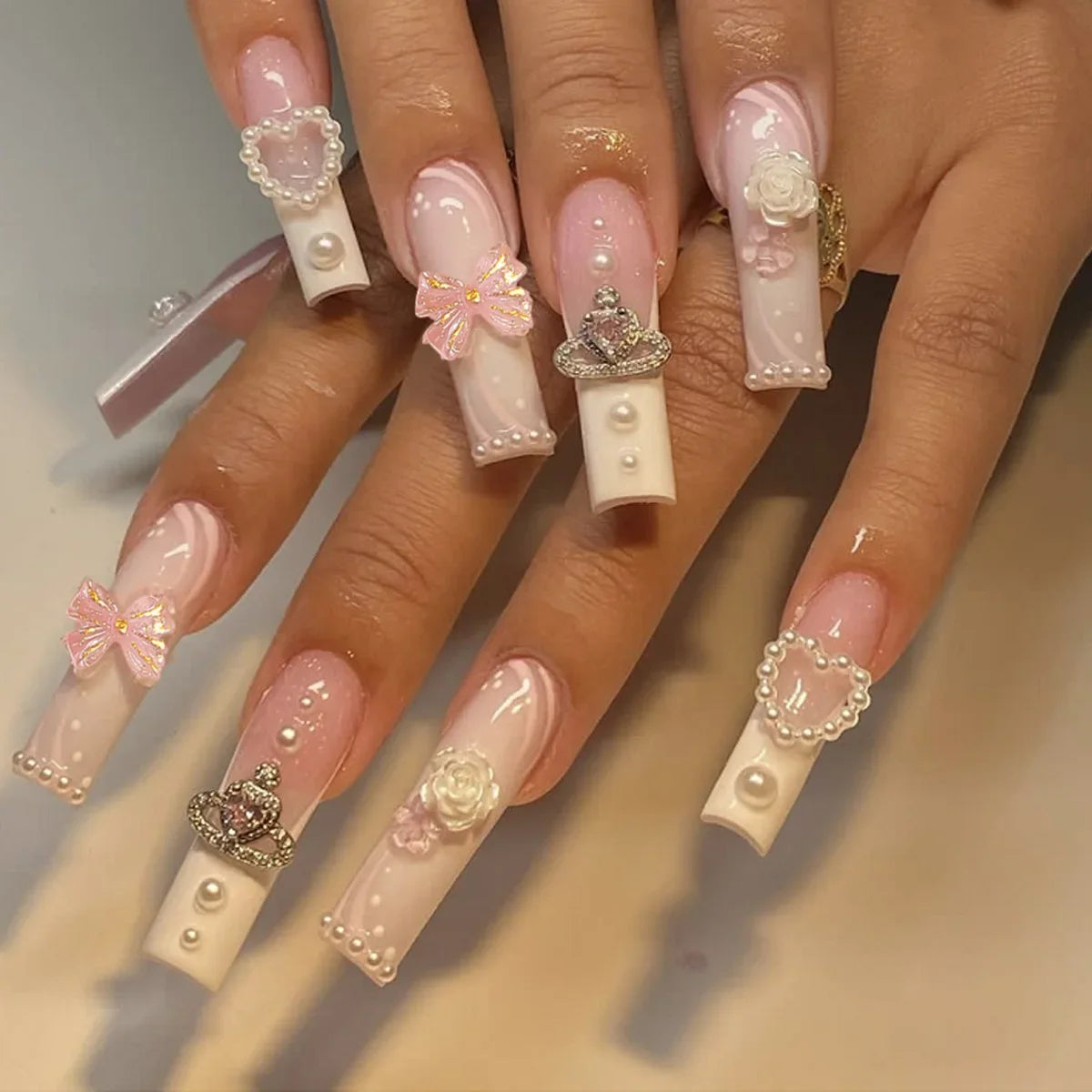 24Pcs Ballet Square Pink Press on Bow Nails 3D Flower with Bandage Design French Nail Tips for Women&Girls Daily,Spring wear