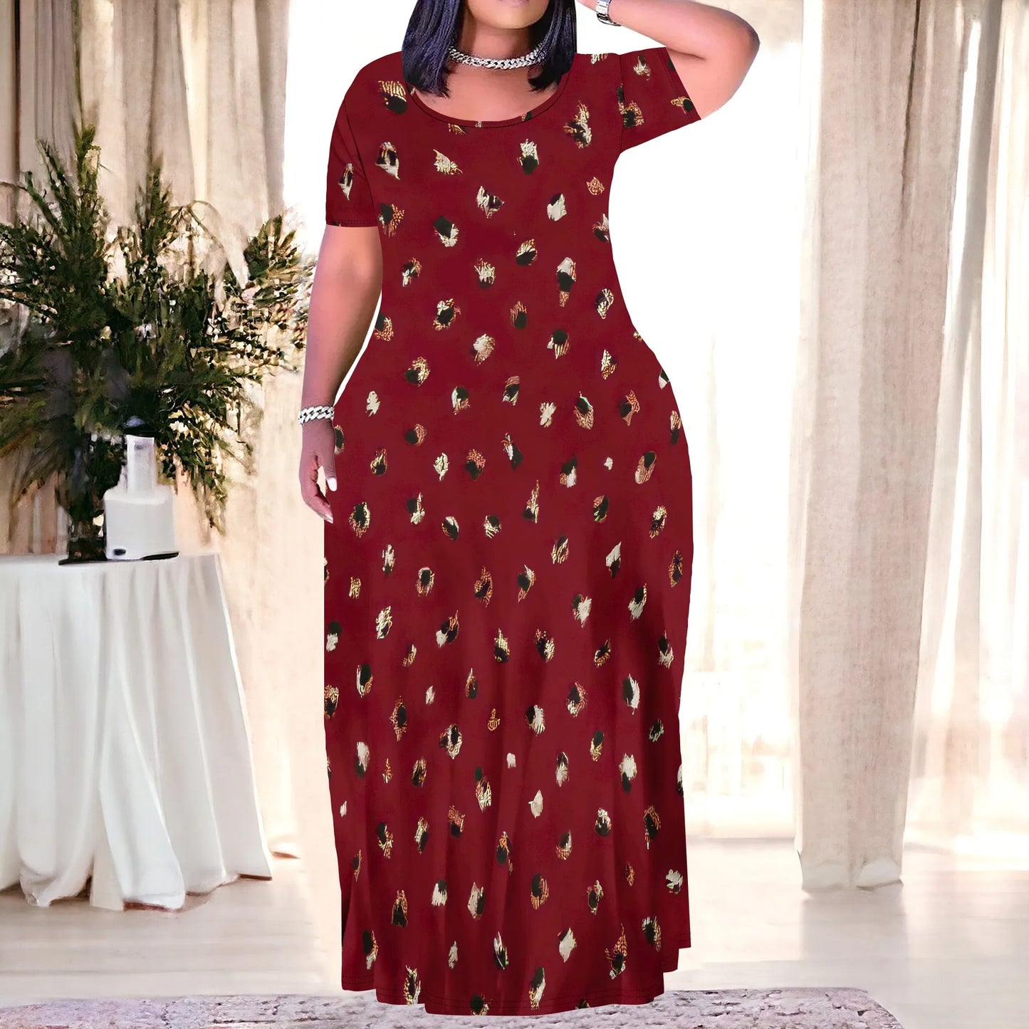 Summer Women's Casual Fashion Printed Boho Sleeveless Plus Size Loose Long Sexy Maxi Flutter Dress with Pockets