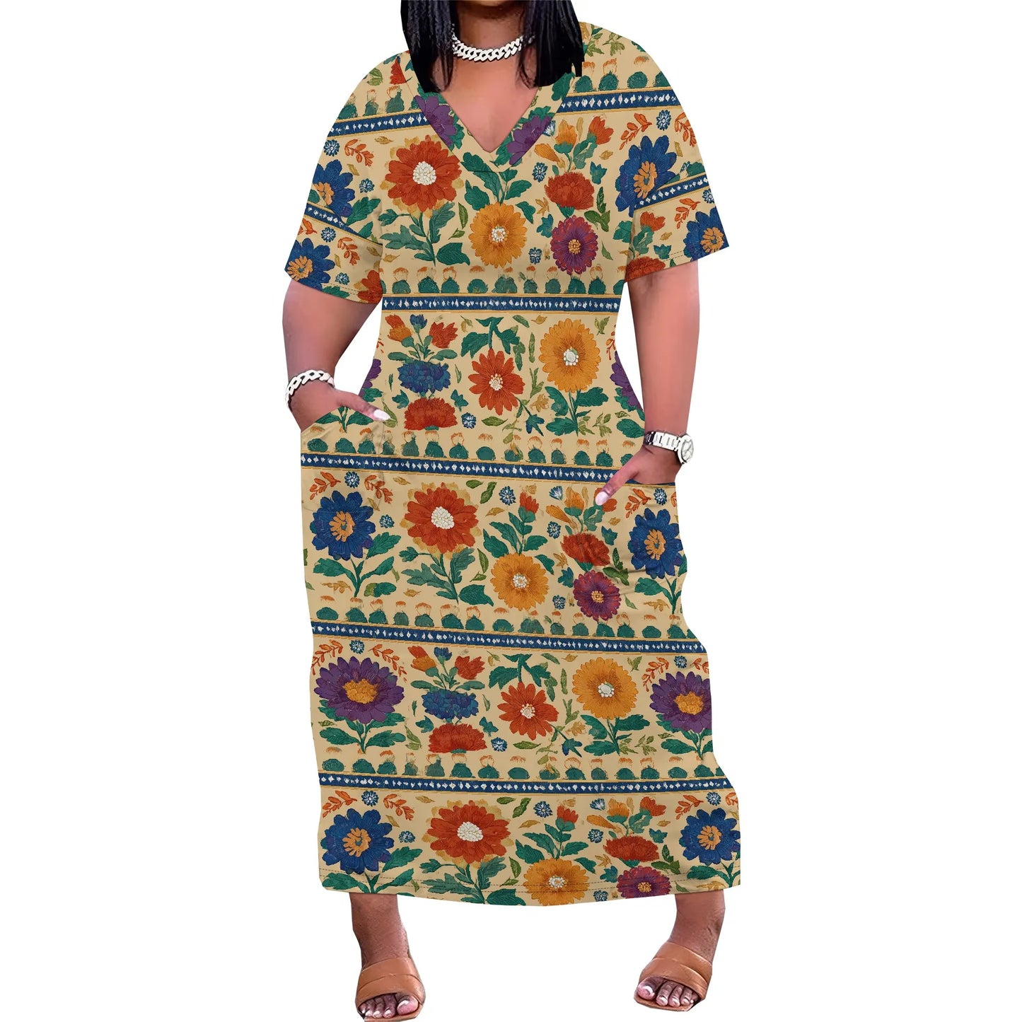 Women's Plus Size African Print Dresses Casual Loose Pocket Short Sleeve Long Maxi Dress