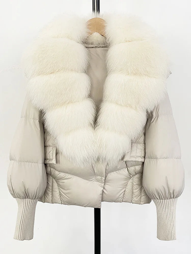 ZMEENNA Women's Black Puffer Down Jacket With Large Real Fur Collar Short Warm Winter Coat Knit Cuffs Elegant Outerwear