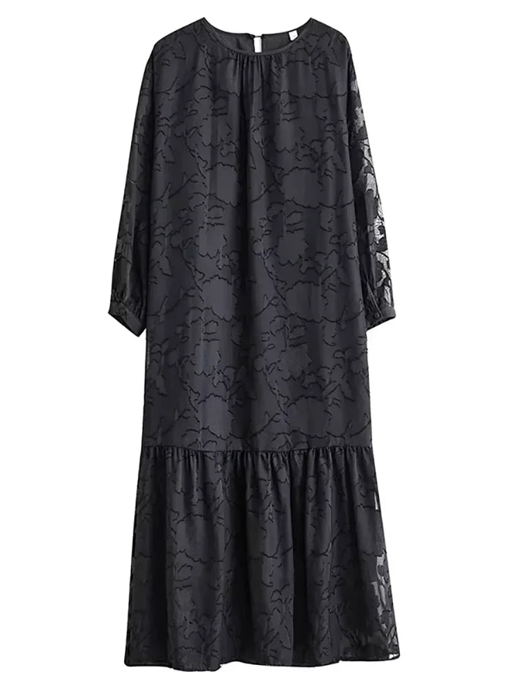 Gauze Patchwork Print Dresses Solid Color Pullover Long Sleeve Loose Fashion Temperament Dress  Spring New