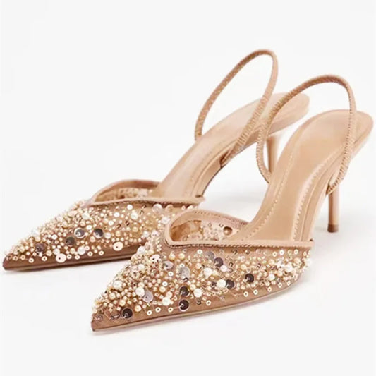 Manufacturer   Luxury Designer Bling String Bead Mesh High Heels Women Sexy Pointy Toe Breathable Heeled Sandals Elegant Slingbacks Women Pumps   Pumps
