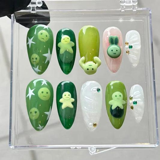 10Pcs Press On Nails  New Nials Ballet Style Handmade Green & White 3D Medium Almond Fake Nails Design Art DIY Nails