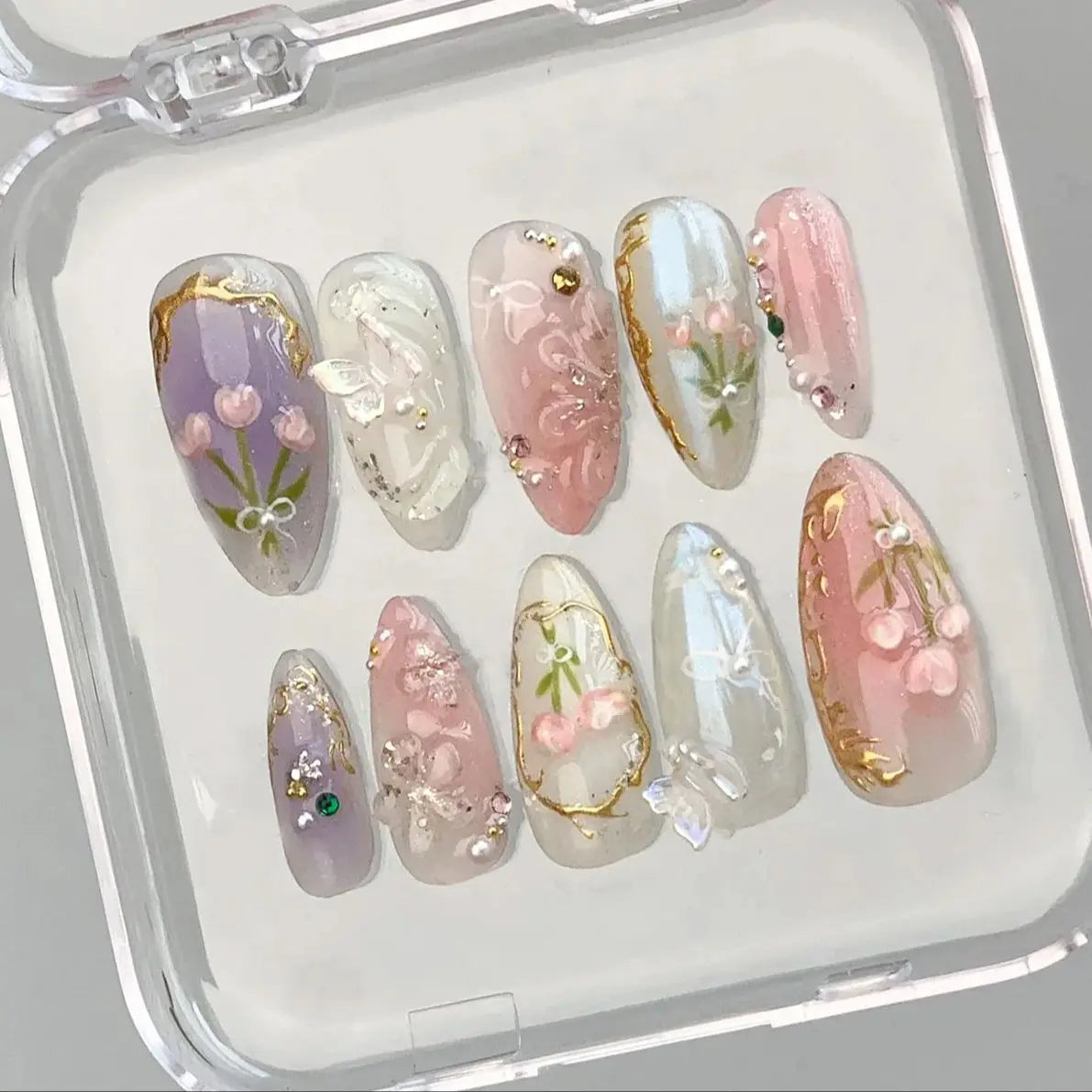 10PCS Handmade Spring/Summer press on nails Ballet Ribbon Blush Bloody Plaid Diamond Adam Mitchel Lambert Stick ons