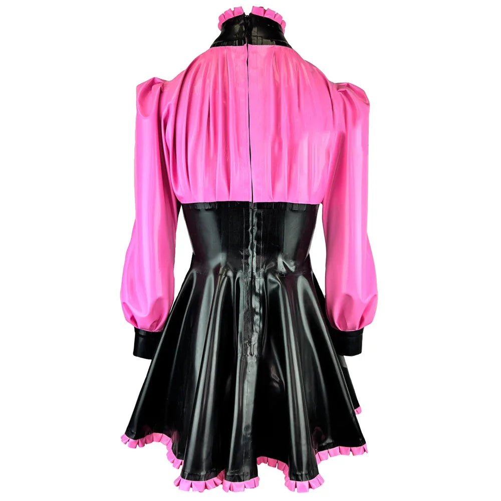 Plus Size High Neck Bow Patchwork Black Faux Latex Mini Dress Women Long Sleeves Slim Fit Ruffled A-line Dress Cocktail Gown