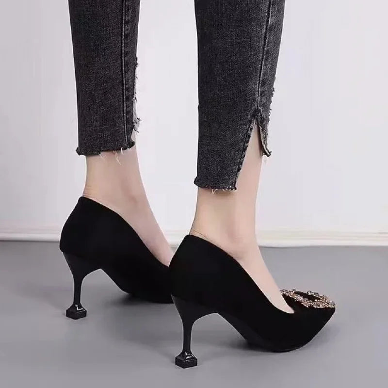 Manufacturer   Black Velvet Square Buckle High Heels Spring Summer New Style Elegance Single Shoes Women Thin Heel Pointed Toe Slip-On   Pumps