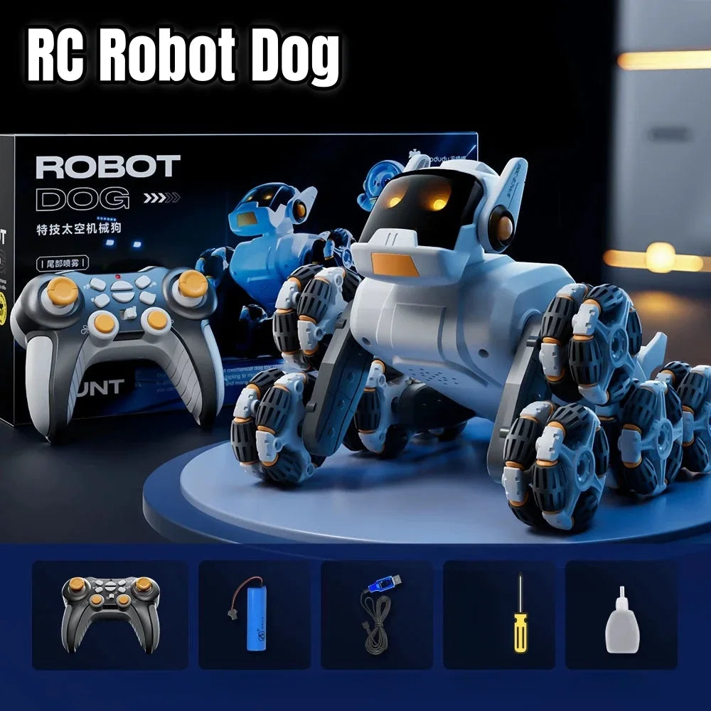 2.4G RC Robot Dog Children 8 Wheels Photoelectric Tail Spray Stunt Action Remote Control Electric Mechanical Dogs Toy for Kids