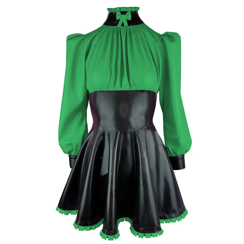 Plus Size High Neck Bow Patchwork Black Faux Latex Mini Dress Women Long Sleeves Slim Fit Ruffled A-line Dress Cocktail Gown