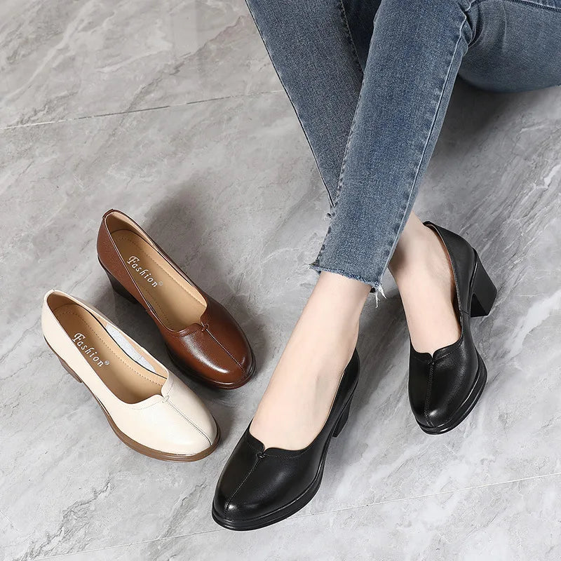 Manufacturer   New Fashion Women Pumps Round Toe Thick Heels Genuine Leather Shoes Woman Spring Summer Office Ladies Shoes Comfort   Pumps