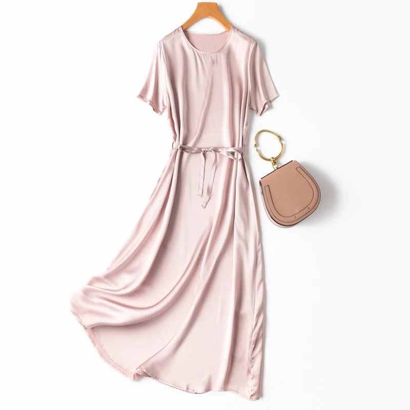 Women Midi Dress 100% Mulberry Silk 20 Momme Crew neck belted waist Solid Color Light Pink A Line Long Dress