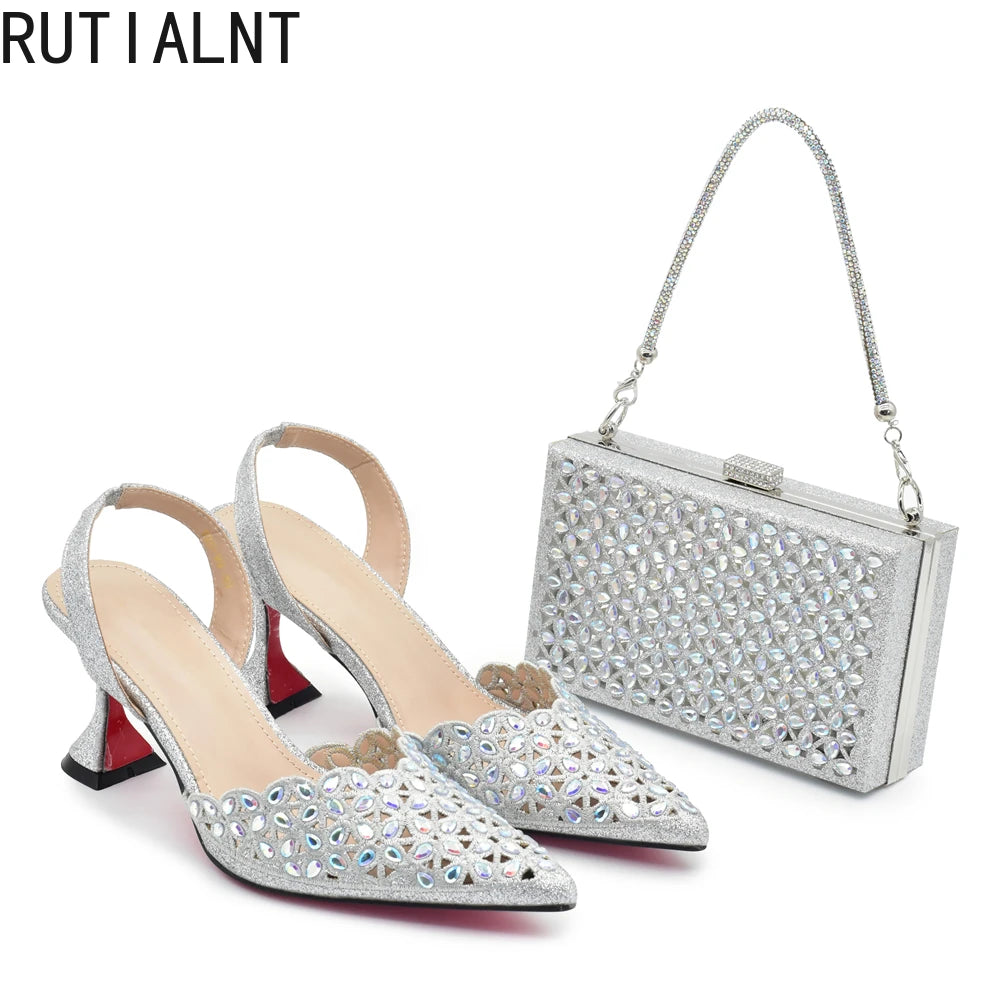 Manufacturer   Silver Color Shoes and Bag for Party Wedding Luxery Women Shoe and Bag Set for Nigeria Party Italy Elegant Woman Heeled Pumps   Pumps
