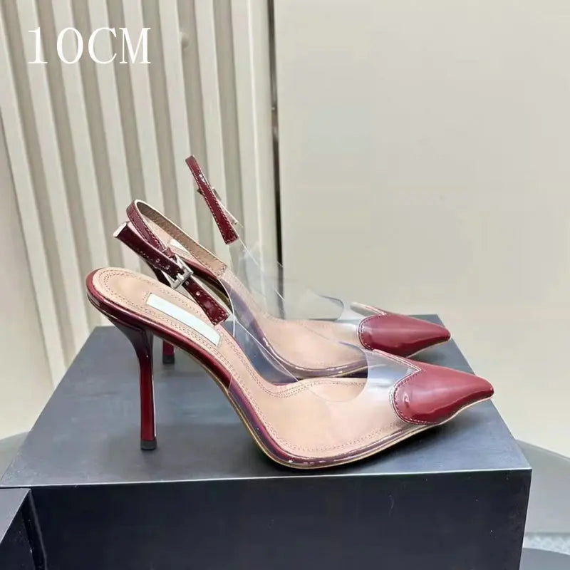 Manufacturer  New Pointy Peach Heart Fine Heel Shoes Sexy Pvc Transparent Film Black Patent Leather High Heel Overhead Sandals   Pumps