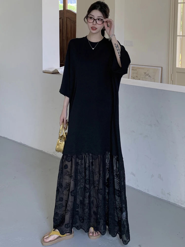NYFS Korean Style Women's Summer Loose plus Size Patchwork Embroidery hollow lace Hem Short Sleeve Long Dress Robe Elbise
