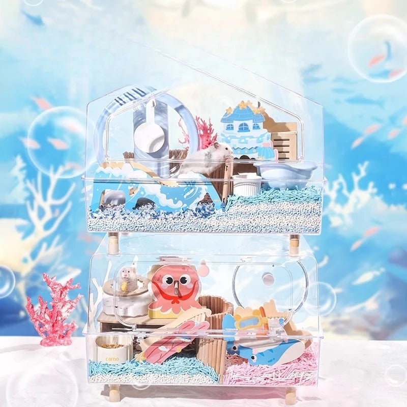 Hamster Wooden Hideout Toy Deep Sea Theme Small Pet Habitat Decor Ocean Style Escape House with Tunnel Platform Cage Accessories