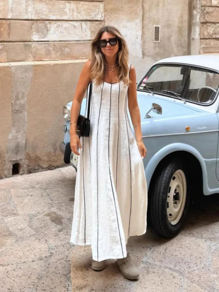 Women's French Commuter Striped Dress U-neck Sleeveless Off-shoulder Suspenders Casual Long Dress Fall Female Chic Party Dresses