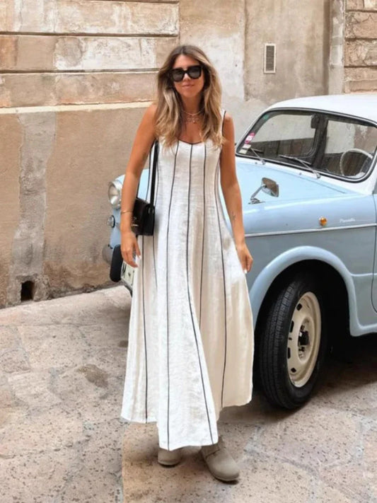 Women's French Commuter Striped Dress U-neck Sleeveless Off-shoulder Suspenders Casual Long Dress Fall Female Chic Party Dresses