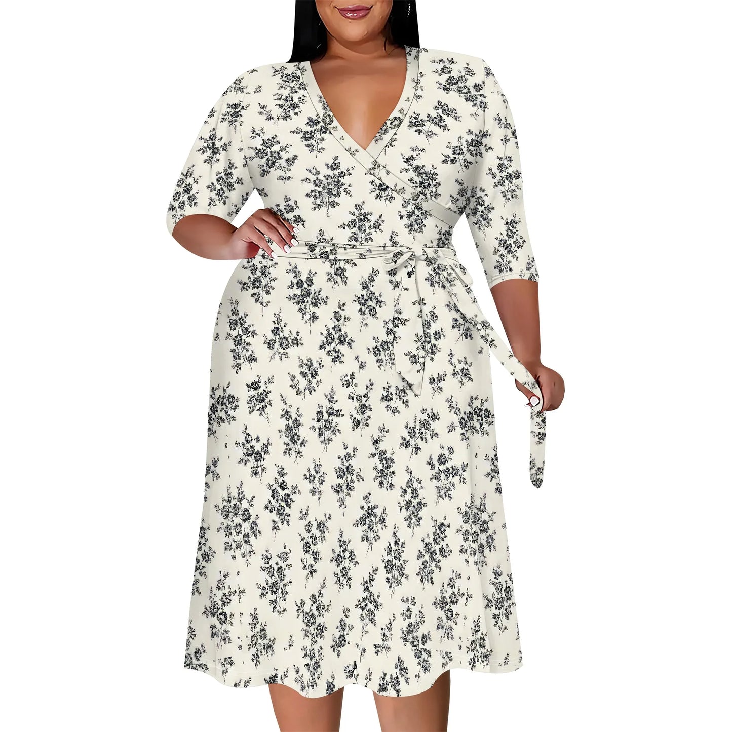 Women's Floral Print Maxi Dresses Summer with Pockets Casual 3/4 Sleeve V-Neck Wrap Tie Waist Long Dress