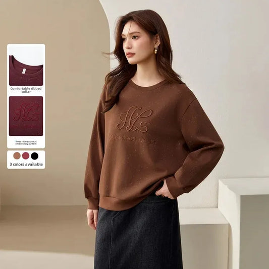 Elegant Embroidered Plus Size Slimming Sweatshirt For Women Sensible Design Age-Reducing Crewe Neck Autumn Collection New Arriva  sweater