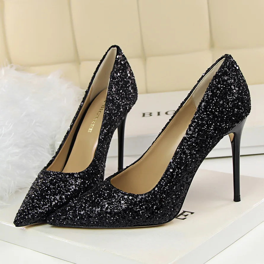 Manufacturer   Women 7cm 9.5cm High Heels Pumps Wedding Bridal Scarpins Sparkly Mid Heels Lady Party Sequins Glitter Evening Gold Silver Shoes   Pumps