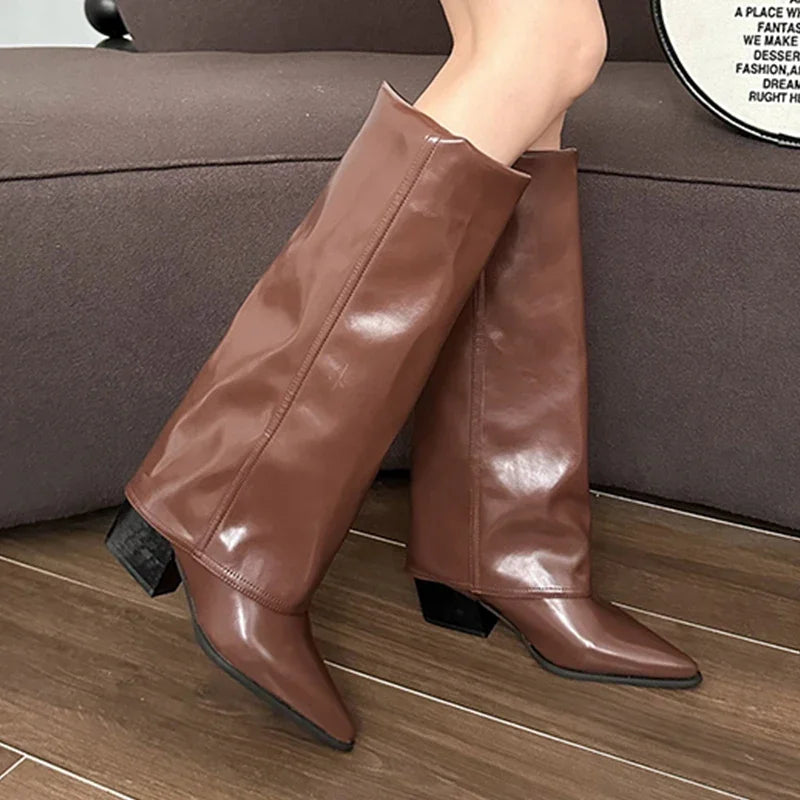 Manufacturer   Chunk Leather High Boots Women Knee High Pointer Toe Heels Shoes Woman Trend Chelsea Boots New Pumps Mujer Snow Gladiator Botas   boots