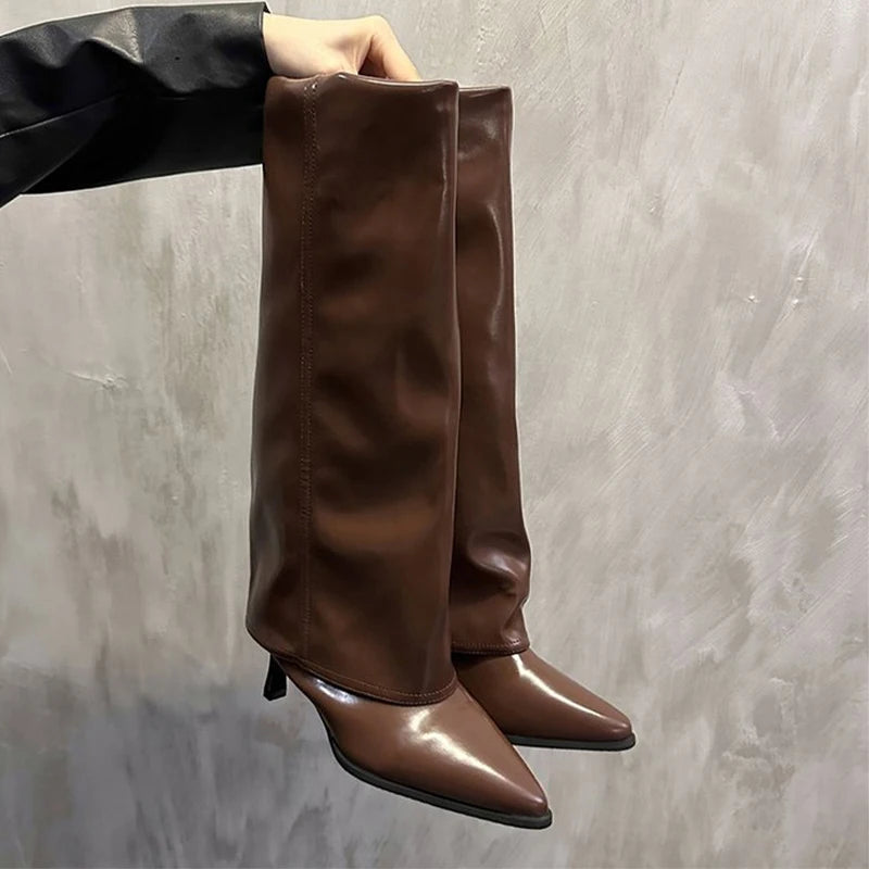 Manufacturer   Chunk Leather High Boots Women Knee High Pointer Toe Heels Shoes Woman Trend Chelsea Boots New Pumps Mujer Snow Gladiator Botas   boots