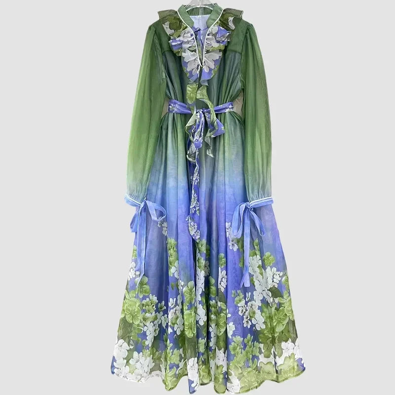 Retro Court Style Long Dress Full Sleeve Floral Print Slimming Waist Ankle Length Skirts Cotton Material Stand Collar Regular