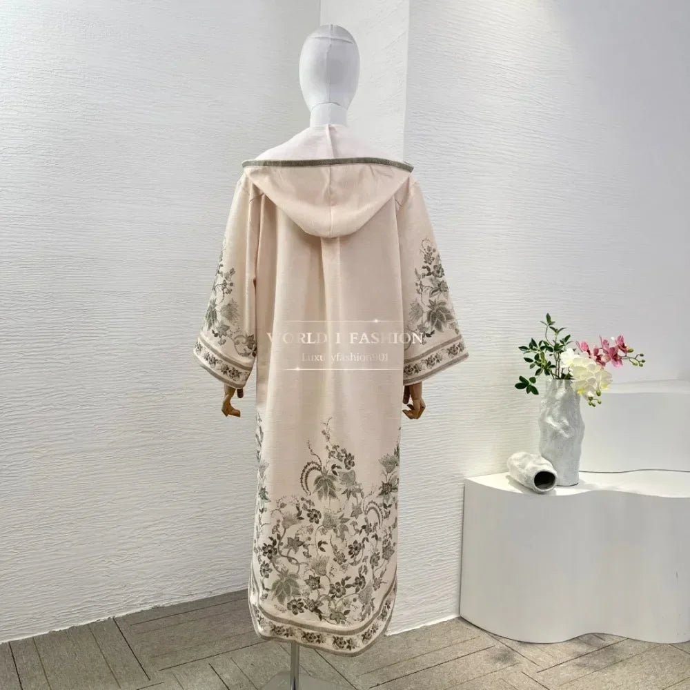 New Fashion Beige Long Sleeve Hooded Peacock Floral Print Loose Midi Dress