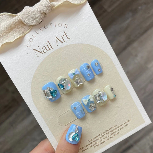 10 PCS Luxury Handmade Press on Nails Short Trapezoid Blue Chessboard Design with 4-PIECE Tool Adhesive Nail Glue Tabs