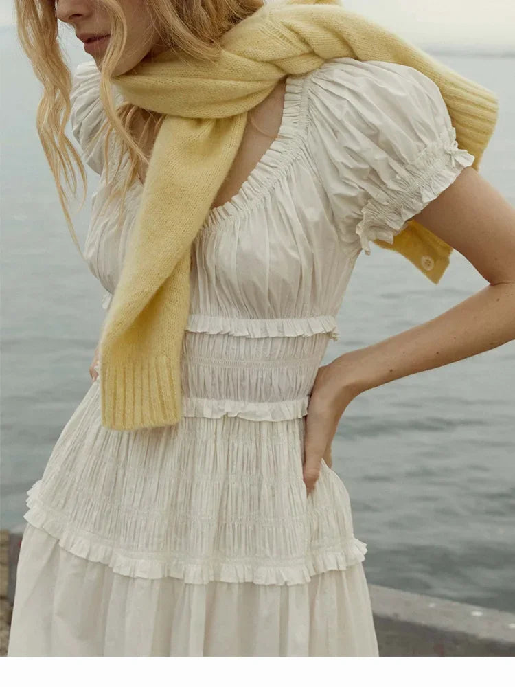 Summer Women Short Sleeve Midi Dress Puff Sleeve Ladies Ruffles Trim Holiday Elegant Pleated Long Robe