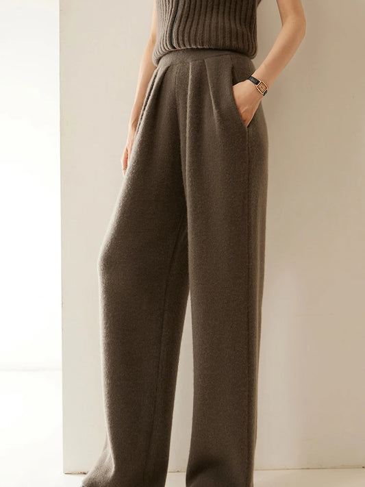 High Quality Women 100% Cashmere Pants Pleated Waist Wide Leg Pant Casual Simple Style Autumn Winter Cashmere Knit Trousers