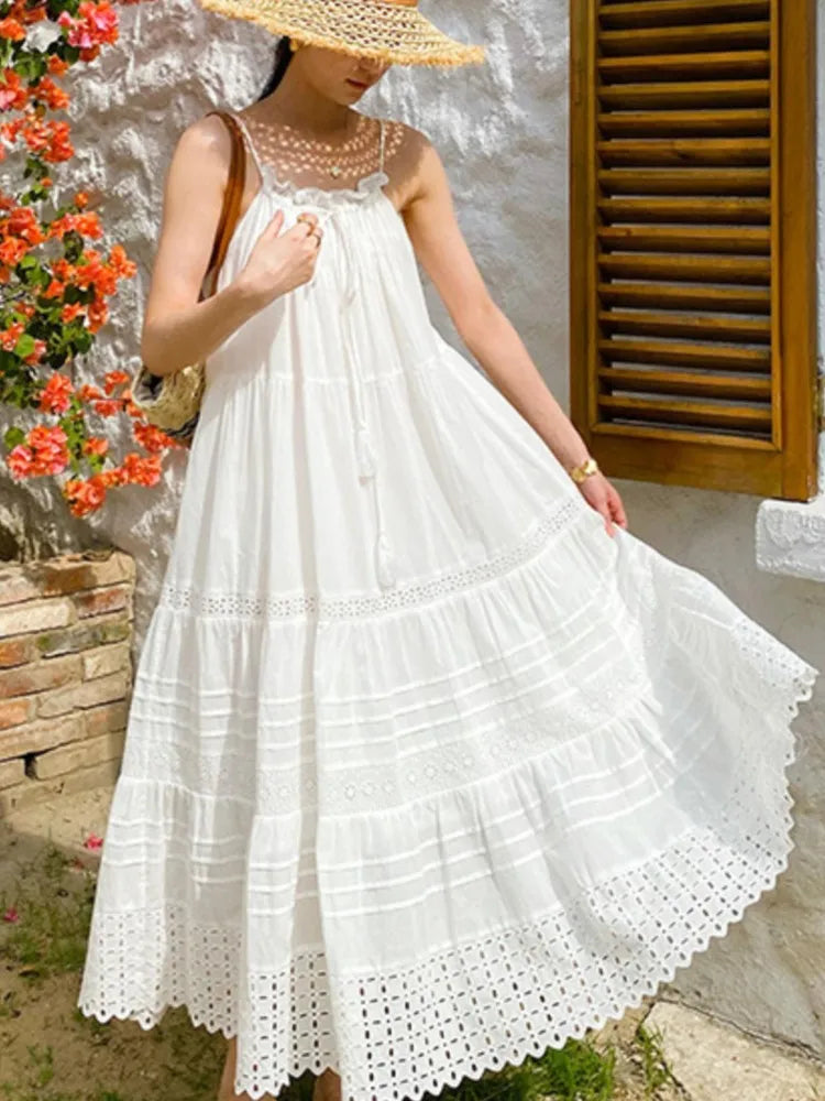 Bohemian White Dress Women Summer Sleeveless Seaside Vacation Beach Suspender Dresses A-Line Hollow Embroidery Hem Long Dress