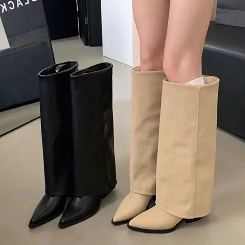 Manufacturer   Chunk Leather High Boots Women Knee High Pointer Toe Heels Shoes Woman Trend Chelsea Boots New Pumps Mujer Snow Gladiator Botas   boots