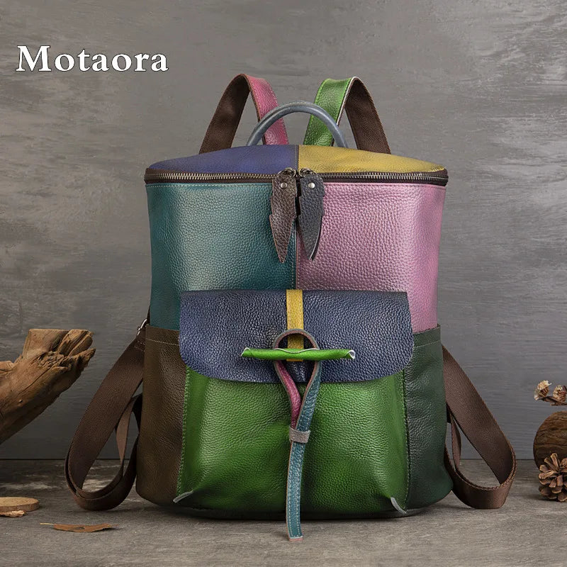 Soft Cowhide Student Backpack Colorblock Laptop Bag Large Capacity Girls School College Bookbag Trendy Durable Water-Resistant